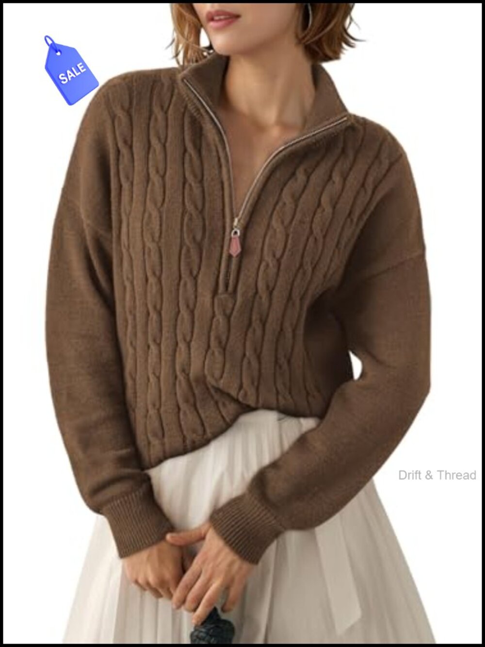 Women's Quarter Zip Ribbed Cable Knit Sweater V-Neck Pullover